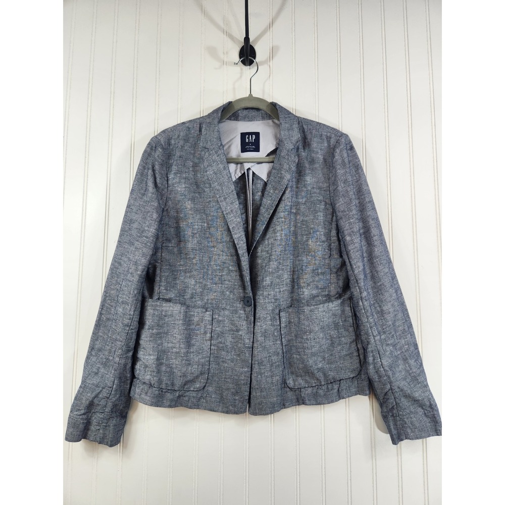 Gap Womens Blue Linen Blend Single Button Blazer Jacket Size 10 Chambray Summer